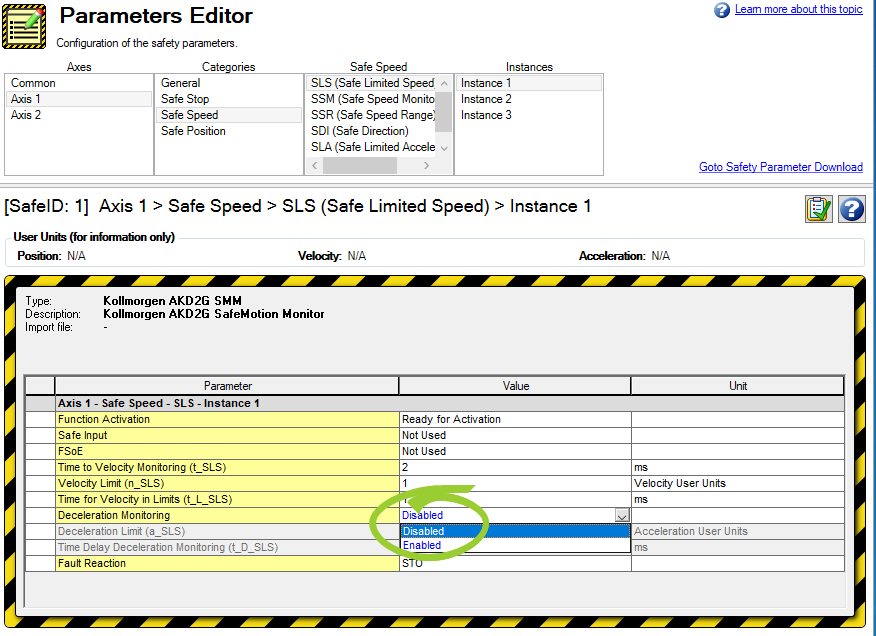 Parameters Editor with the Deceleration Monitoring options shown and circled